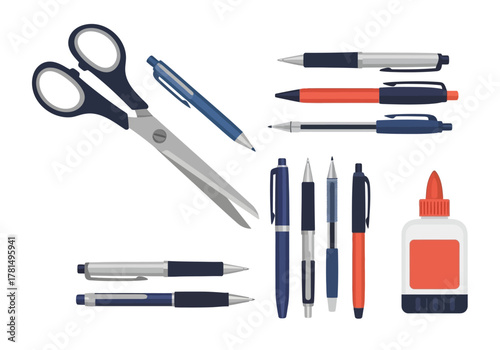 An arrangement of scissors pens and glue bottle
