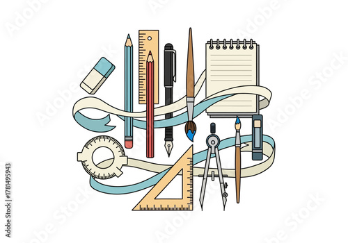 An arrangement of stationery items with a beige ribbon wrapped around them