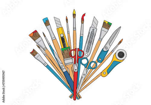 An assortment of art and craft tools is arrayed in a fanlike arrangement on a white background