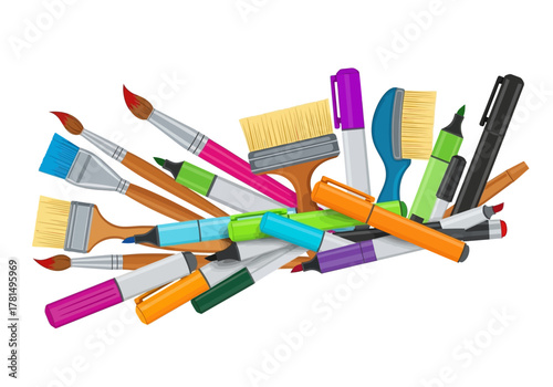 An assortment of art supplies including brushes and markers lies scattered on a white surface