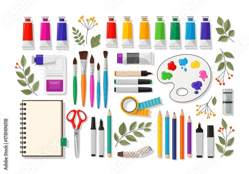 Art supplies flat lay featuring paints brushes palette sketchbook and pencils on a white background