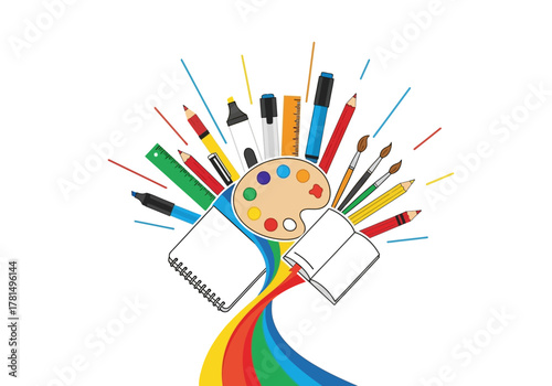Art supplies erupt from notebooks brushes pencils paint palette  rulers surrounded by colorful streaks
