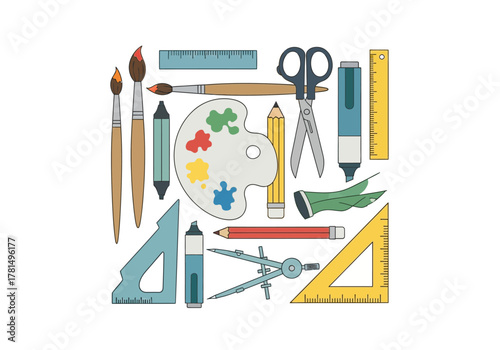 Art supplies including paint brushes scissors markers rulers pencils a protractor and a paint palette are arranged against a white background