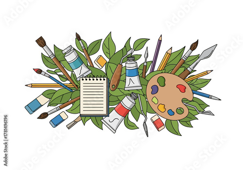 Art supplies lie amongst leaves featuring paints brushes palette pencils erasers and a notebook