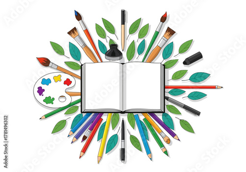Art supplies surround an open book including brushes pencils ink leaves  a palette