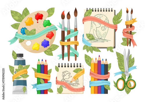 Art tools  accessories displayed paint palette brushes notebooks color pencils tube  scissors