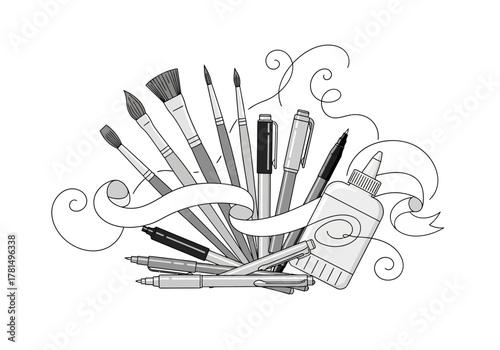 Art tools brushes pens glue and decorative swirls are arranged with a blank banner in a monochrome illustration