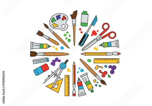 Art tools arranged in a circle brushes paint tubes palette scissors ruler eraser pencil compass ink and splashes of paint