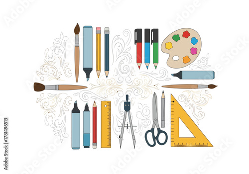 Composition of art tools paint palette brushes pencils markers ruler scissors compass protractor set against floral background