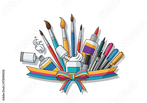 Craft supplies paintbrushes pens glue paint tubes ribbon and a bow