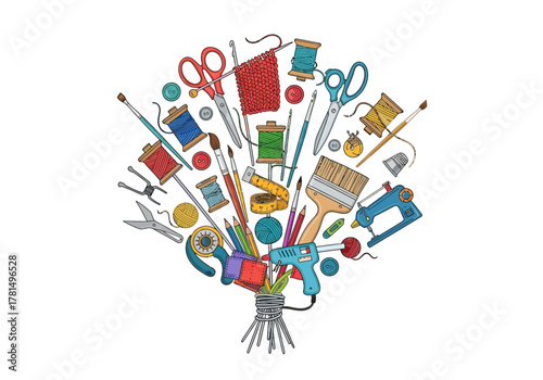 Colorful craft supplies including scissors yarn paintbrushes  glue gun bundled together on a white background