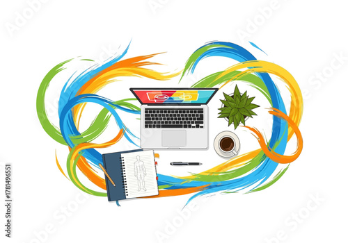 Desk top view wlaptop plant coffee notebook  pens surrounded by colorful brushstrokes