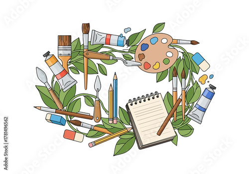 Drawing supplies including brushes paints pencils and a palette in a foliage wreath