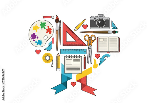 Heart composed of artistic tools palette brushes camera scissors notepad and ribbons