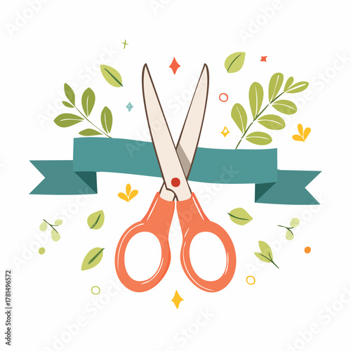 Colorful scissors with ribbon and leaves on white background