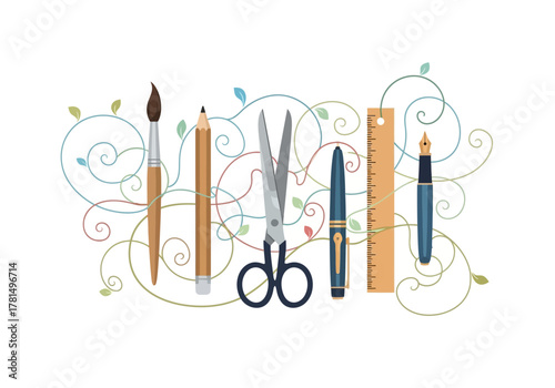 Tools art supplies brush pencil scissors pens ruler Vines with green blue  pink surround stationery