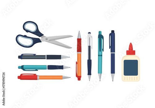 Stationary items pens scissors and glue sit against a white background
