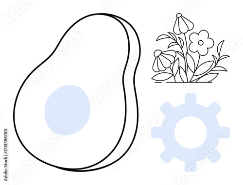 Avocado slice with seed, outlined flowers, and gear shape representing nature, growth, creativity, wellness, innovation, processes and balance. Ideal for simple flat metaphor