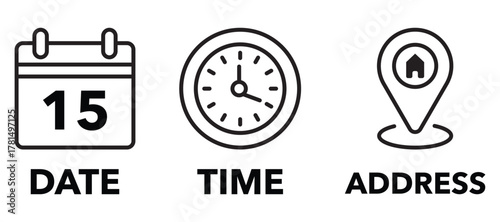 Calendar, clock, and map pin icons — date, time, and location vector symbols for events.