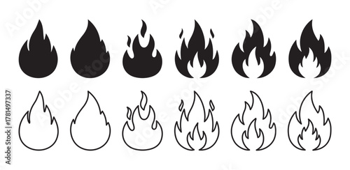 Set of simple and abstract flame icons — bonfire and burning shapes in modern vector style.