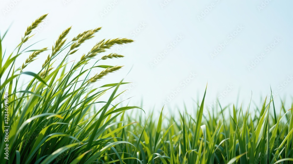 Fototapeta premium Green Grass Field Under Blue Sky - Springtime Meadow Landscape