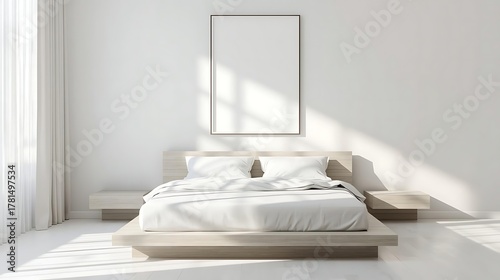 Minimalist bedroom, platform bed with clean white linen, empty wall above the headboard for poster mockup, soft morning light.