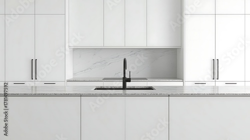 Minimalist kitchen island, seamless white cabinets, hidden handles, single black faucet, clean granite countertop, empty copy space.