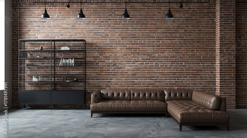 Modern Industrial loft living space, exposed brick wall, black steel shelving unit, leather sofa, dramatic overhead light, 3D interior design.
