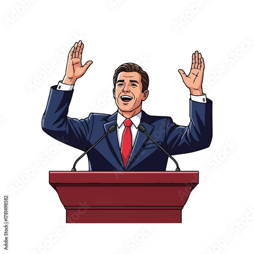 happy businessman with arms raised, and try to speak