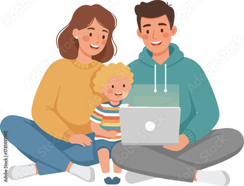 Happy family with parents and child using laptop together on the floor, enjoying digital content, online learning, or entertainment at home, illustrating modern technology and family bonding