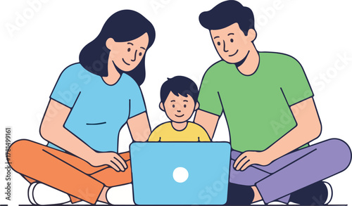  Happy Family Learning and Bonding with Laptop, Parents and Child Engaging with Online Content or Digital Education at Home, Modern Family Lifestyle with Technology.