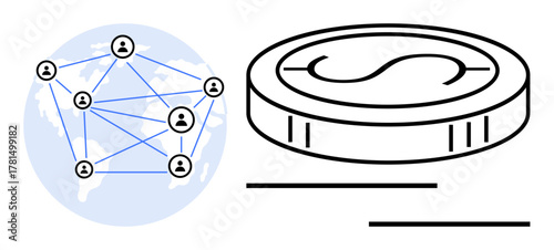 Network of connected users across the globe alongside a large dollar coin emphasizing finance and technology. Ideal for blockchain, fintech, global business, connectivity, cryptocurrency, digital