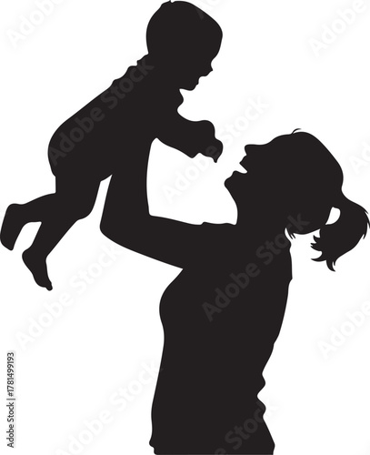  Joyful Mother and Baby Silhouette Happy Parent Lifting Child in Play, Symbolizing Love, Family Bond, and Happiness in a Graphic Illustration