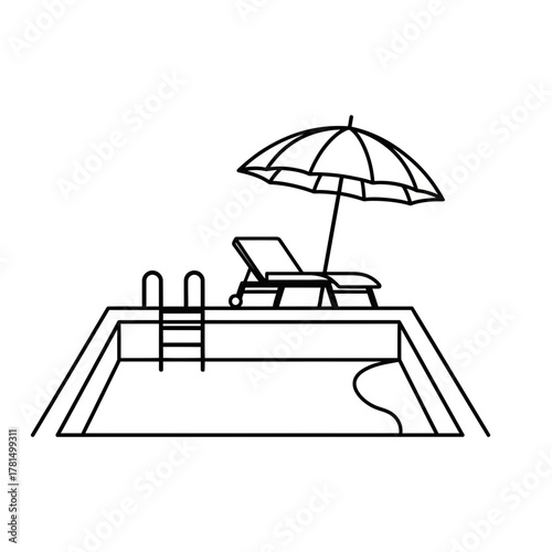 Swimming Pool with Sun Lounger and Umbrella Outline Icon for Summer Relaxation