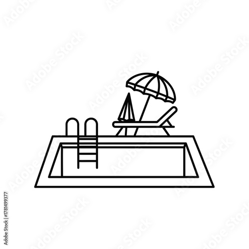Swimming Pool with Sun Lounger and Umbrella Outline Icon for Summer Relaxation