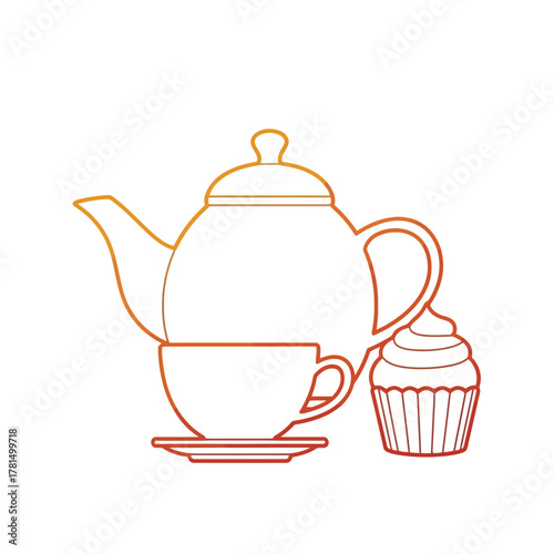 Tea Set with Cupcake Icon – Cozy Tea Time and Bakery Snack Vector Illustration