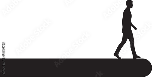 Silhouette of a man walking towards the edge of a black line, representing risk, uncertainty, challenge, or a new beginning