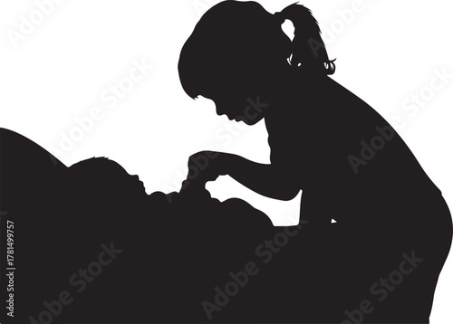  Silhouette of a young girl gently touching or playing with a newborn baby, depicting sibling love, new family connections, and tender care in a minimal black and white graphic