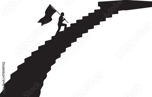  Silhouette of an ambitious person with a flag climbing a winding staircase, symbolizing success, leadership, and the journey to achieve goals or overcome challenges