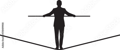  Businessman Silhouette Balancing on a Tightrope with a Balancing Bar, Symbolizing Business Challenge, Risk, Stability, or Management Skills.