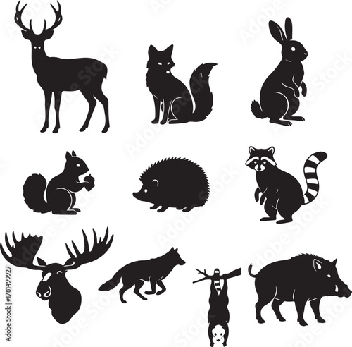 Canvas Print Collection of Black Silhouette Wild Forest Animals A Diverse Set of Mammal Icons