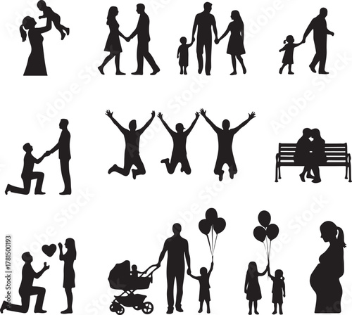 Family and Relationship Silhouettes Diverse Black Icons Representing Love, Parenthood, Proposals, Children, and Happiness Across Life Stages.