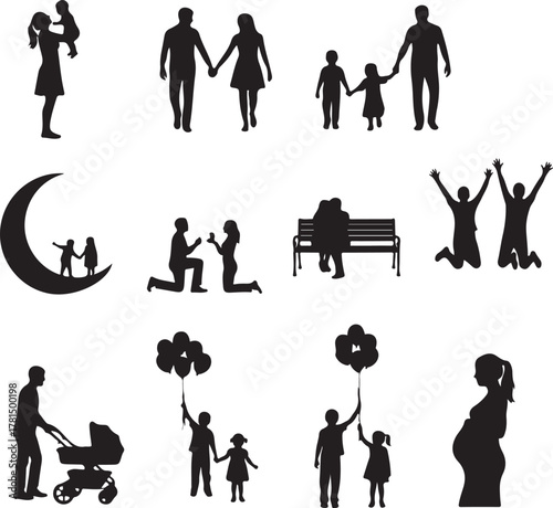  Family Life Stages Silhouettes Collection Love, Parenthood, Childhood, and Relationships Vector Icons