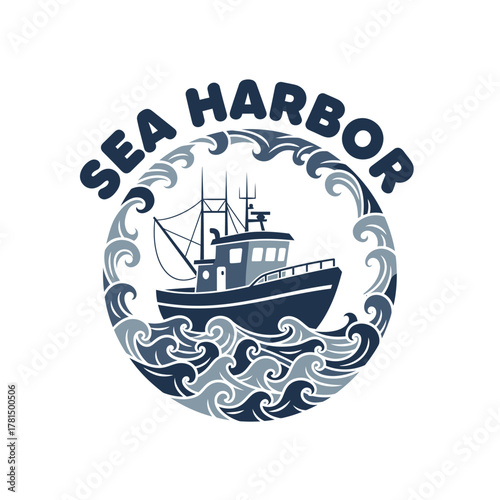 Sea Harbor Fishing Boat Waves Nautical Logo
