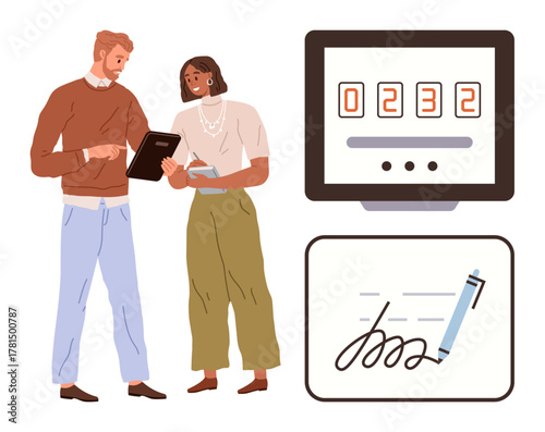 Two coworkers collaborate while checking details on a tablet. Nearby, a digital counter and a pen-and-signature concept highlight themes of digital documentation, metrics, and teamwork. Ideal