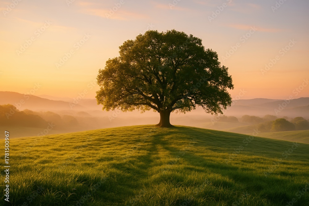 Fototapeta premium Lone oak on rolling green meadow at sunrise with misty hills and golden sky