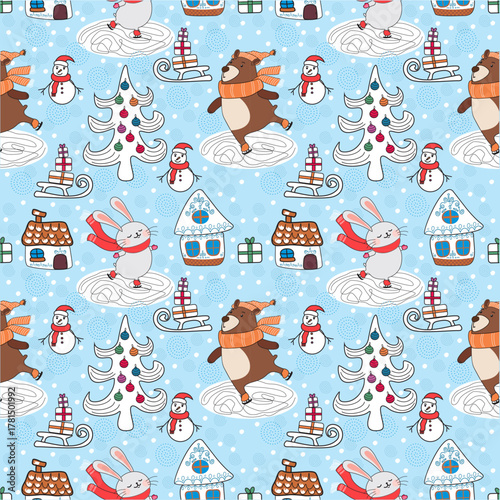 Seamless pattern. Winter. Entertainment. Skating bunny. Skating bear. Houses. Christmas tree. Snowman. Gifts. Doodle style. Minimalism. Vector. EPS