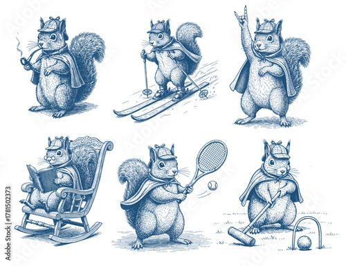 Retro Squirrel Detective Illustrations Set