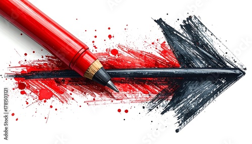 A vibrant artistic depiction features a red pencil creating a black, expressive arrow shape with red paint splatters