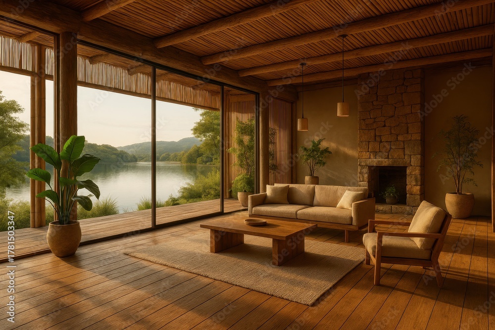 Fototapeta premium Peaceful eco-retreat interior with panoramic lake views through large glass walls creating harmony with nature